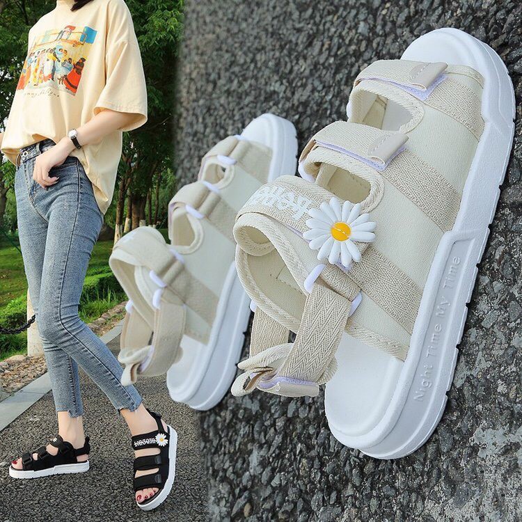 (2 MÀU) Sandal nữ thời trang Ulzzang quai vải chữ ký hoa cúc hót nữ tính