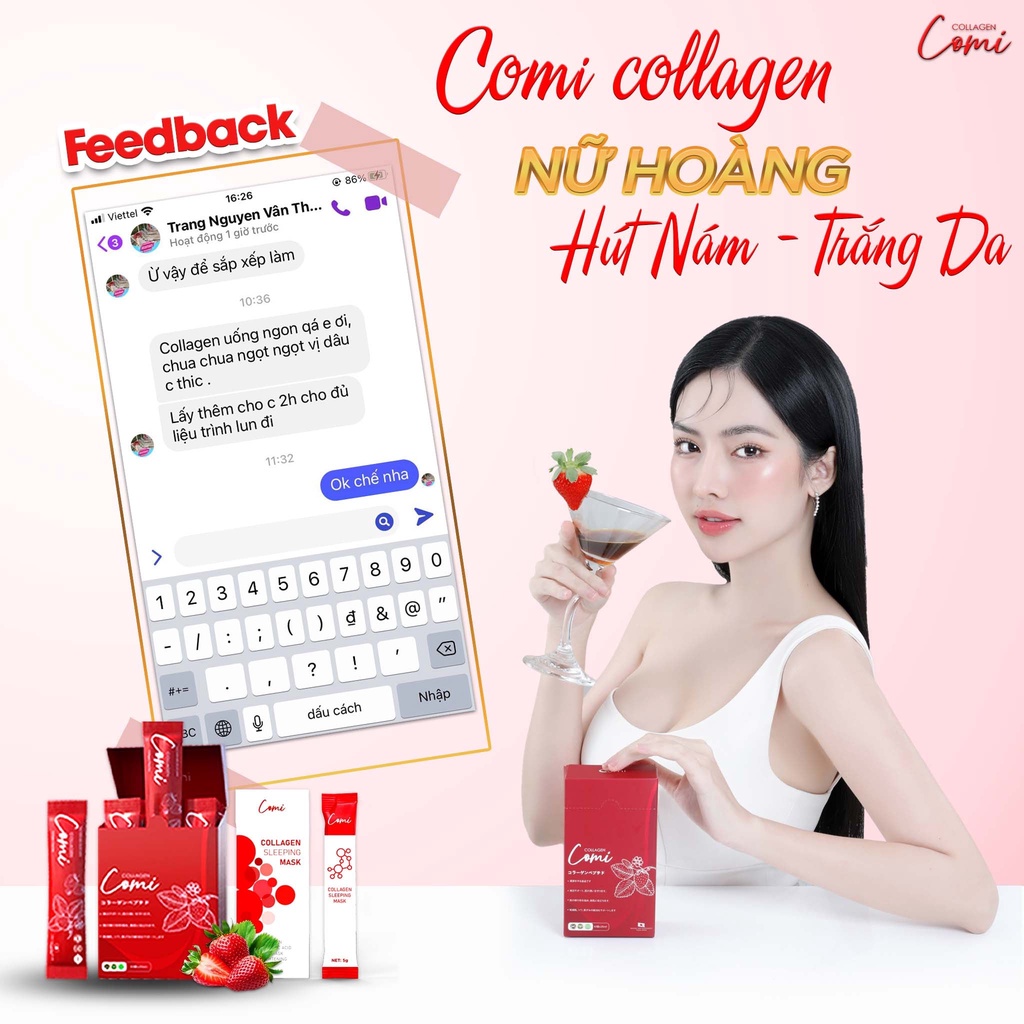 Nước uống collagen dâu tây Comi, giúp da trắng sáng mờ nám 1 hộp 10 gói mua 1 tặng 2