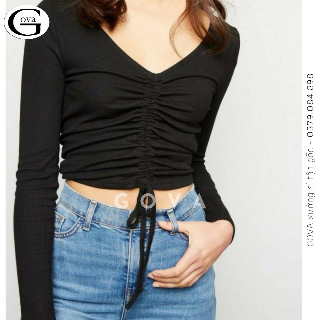 Áo Croptop cổ V nhún ngực rút dây Hot Trend Áo kiểu nữ ôm chất thun Cao Cấp gân mềm mát