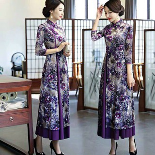 HÀNG NHẬP - ĐẦM NHUNG HOA TÍM PHỐI LỤA CỔ TÀU
