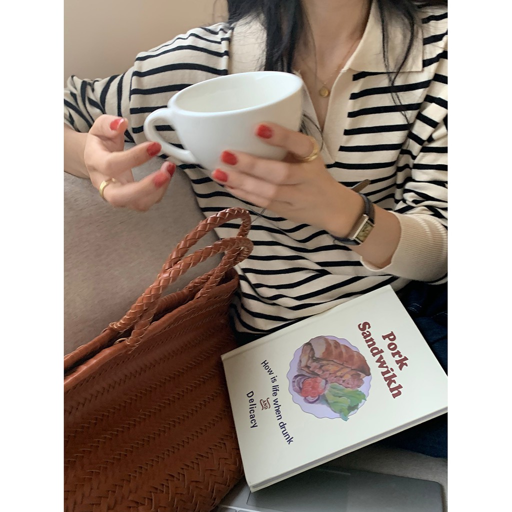 Áo Dệt Kim Tay Dài Cổ Polo Họa Tiết Kẻ Sọc Màu Sắc Thời Trang Cho Nữ