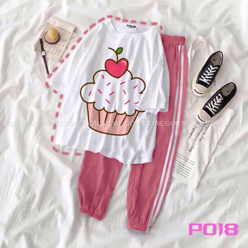 Các mẫu áo thun hình cute + quần bo 2 sọc hồng xinh xắn ( compo 1)