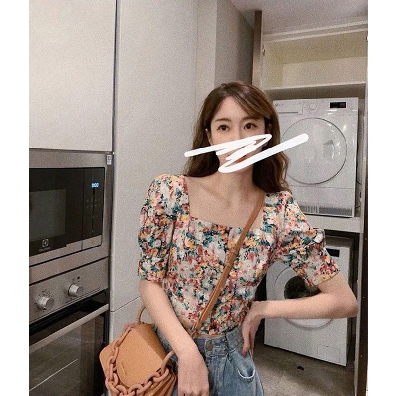 Áo sơ mi tay phồng cổ vuông hở lưng in họa tiết hoa thời trang phong cách Pháp cổ điển cho nữ