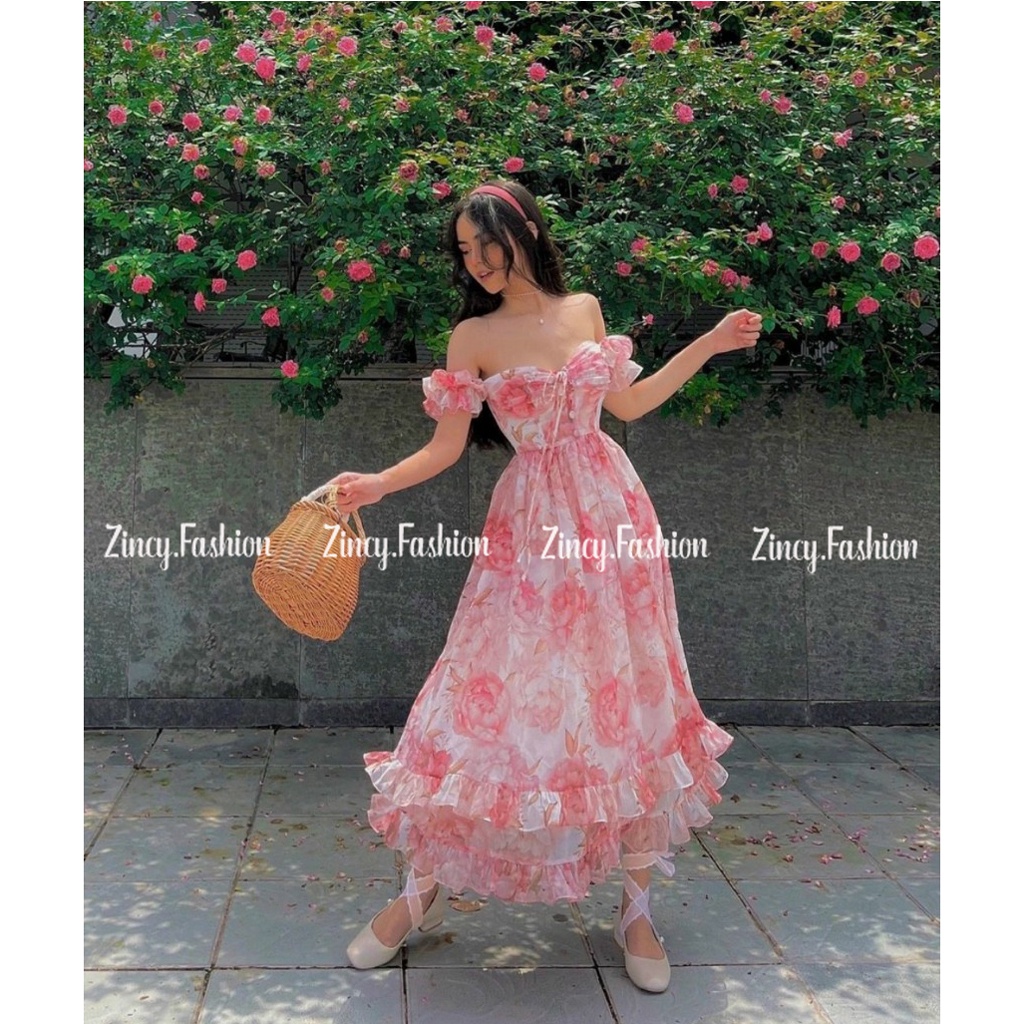 Đầm trễ vai cúp ngực hoa nhí vintage váy maxi đi biển sexy midi có mút Kèm hình thật
