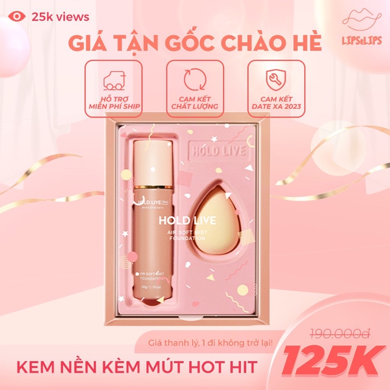 CAO CẤP Bộ Trang Điểm 2 Món HOLD LIVE Pro AIR SOFT MIST FOUNDATION Gồm Kem Nền Kiềm Dầu + Mút Tán Kem Nền Giọt Nước