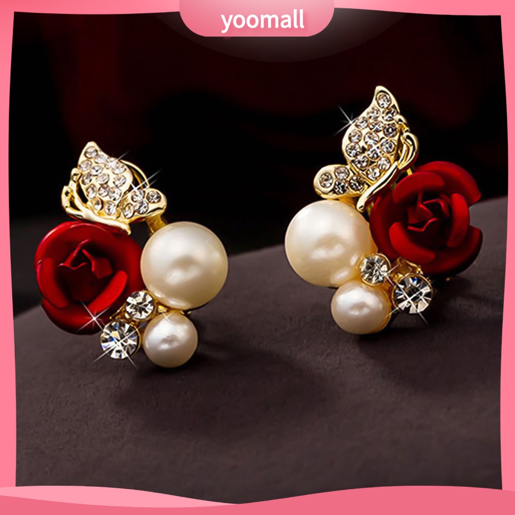 Bông tai hình hoa hồng đính ngọc trai nhân tạo hợp thời trang