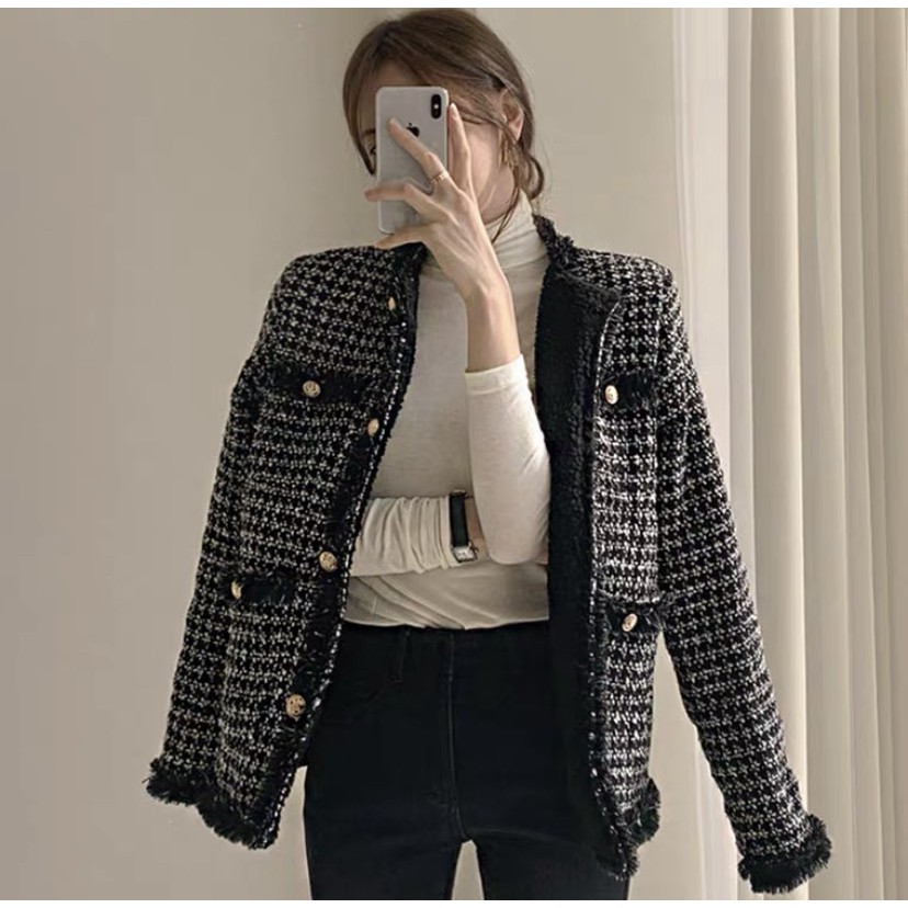 Áo Dạ Tweed Nữ Lót Bông 2 Lớp Phong Cách Hàn Quốc