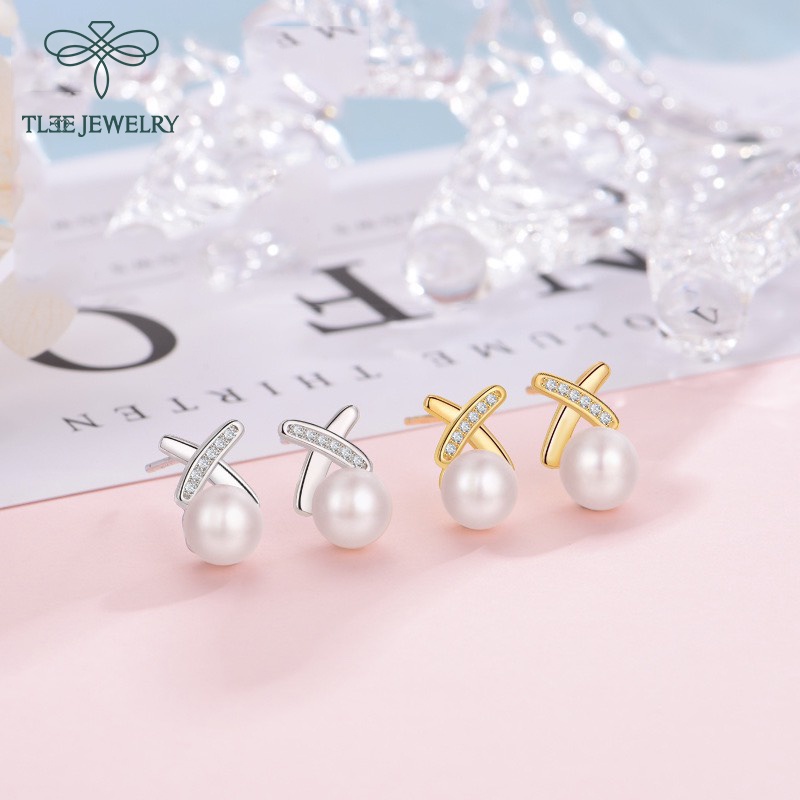 Khuyên tai bạc nữ nơ gắn ngọc trai nhân tạo dáng ngắn sang trọng TleeJewelry B0208