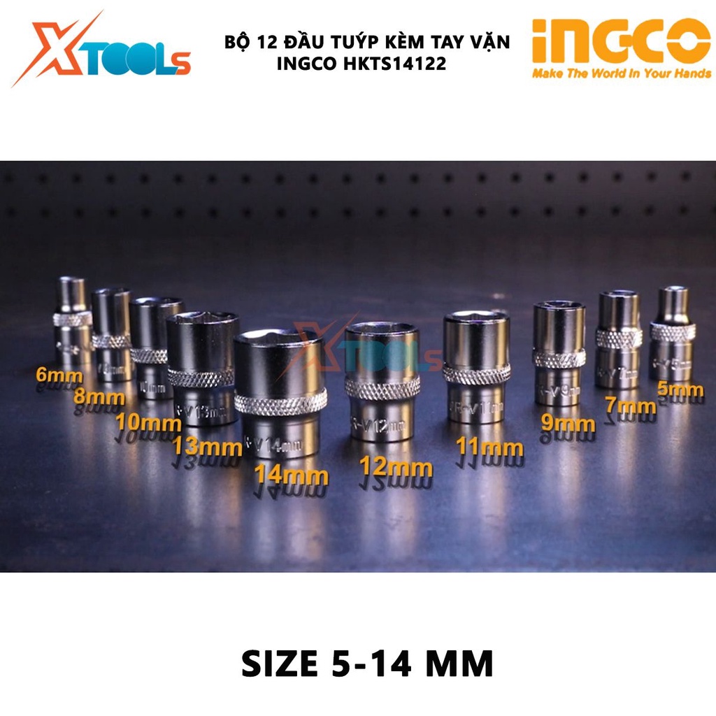 Bộ 12 đầu tuýp tay vặn INGCO HKTS14122 1/4" bộ cần siết 2 chiều 12 chi tiết gồm 10 đầu tiếp, 1 tay cầm, 1 thanh linh độn
