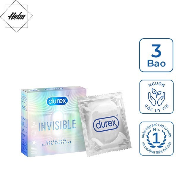 Bao cao su durex invisible siêu mỏng nhiều gel bôi trơn 1 hộp 3 cái hebuhome