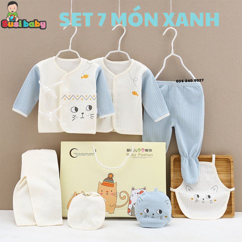 [QUÀ TẶNG ĐẦY THÁNG] SET ĐỒ SƠ SINH 7 CHI TIẾT CAO CẤP 3 MÀU HỒNG XANH VÀNG CHO BÉ TRAI BÉ GÁI