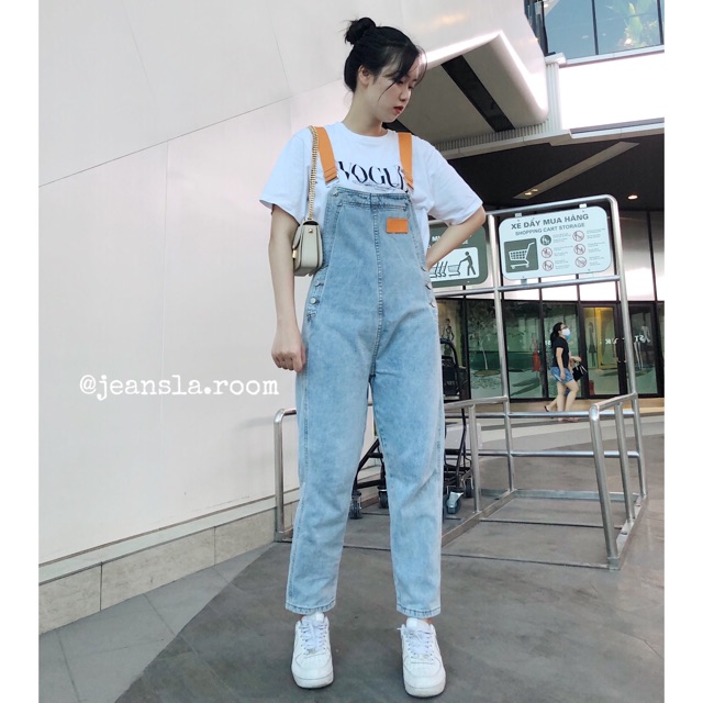 [#YJL1] Yếm Jeans JEANSLA Xanh nhạt Form rộng dây quai cam | BigBuy360 - bigbuy360.vn