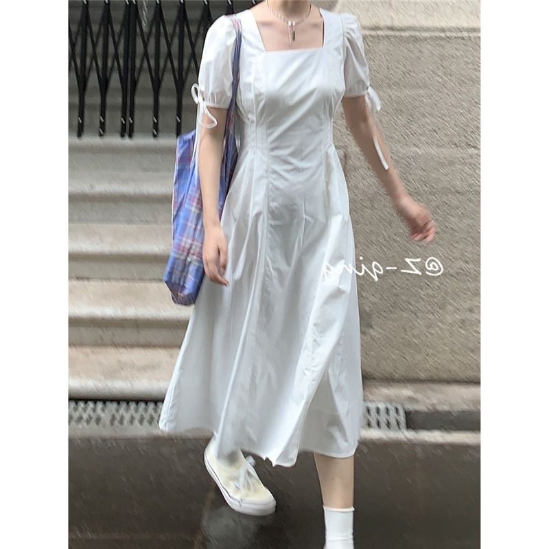 Váy nữ ulzzang mùa hè, đầm trắng cổ vuông thắt nơ tay dáng dài xinh xắn cho đi học, đi chơi siêu xinh