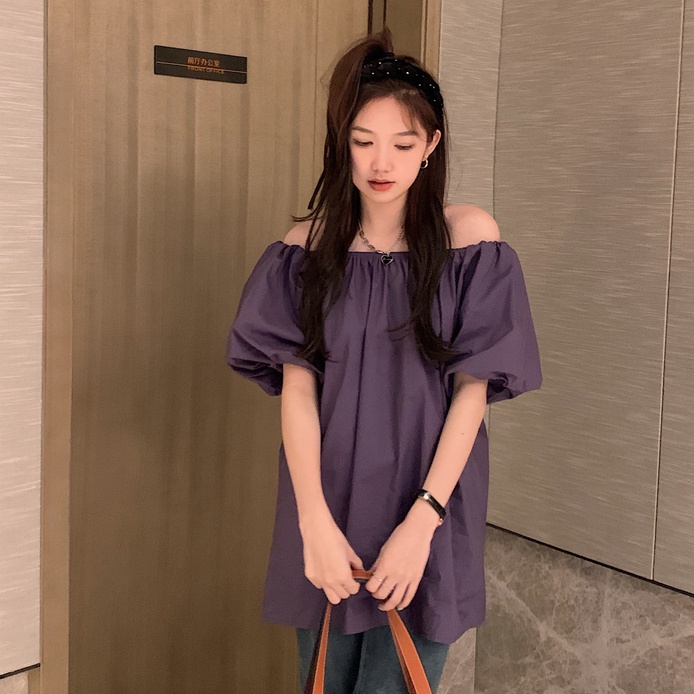 SUXI Áo Kiểu Trễ Vai Tay Phồng Dáng Rộng Màu Trơn Thời Trang Mùa Hè Dễ Phối Đồ Cho Nữ