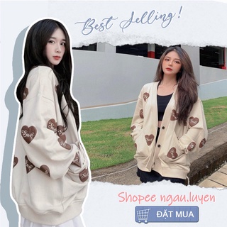 AK017 Áo cardigan nữ trắng tim nâu dài tay cài cúc dáng rộng nữ sinh, áo khoác kiểu thu đông cadiganbanhs bèo nữ tính - 