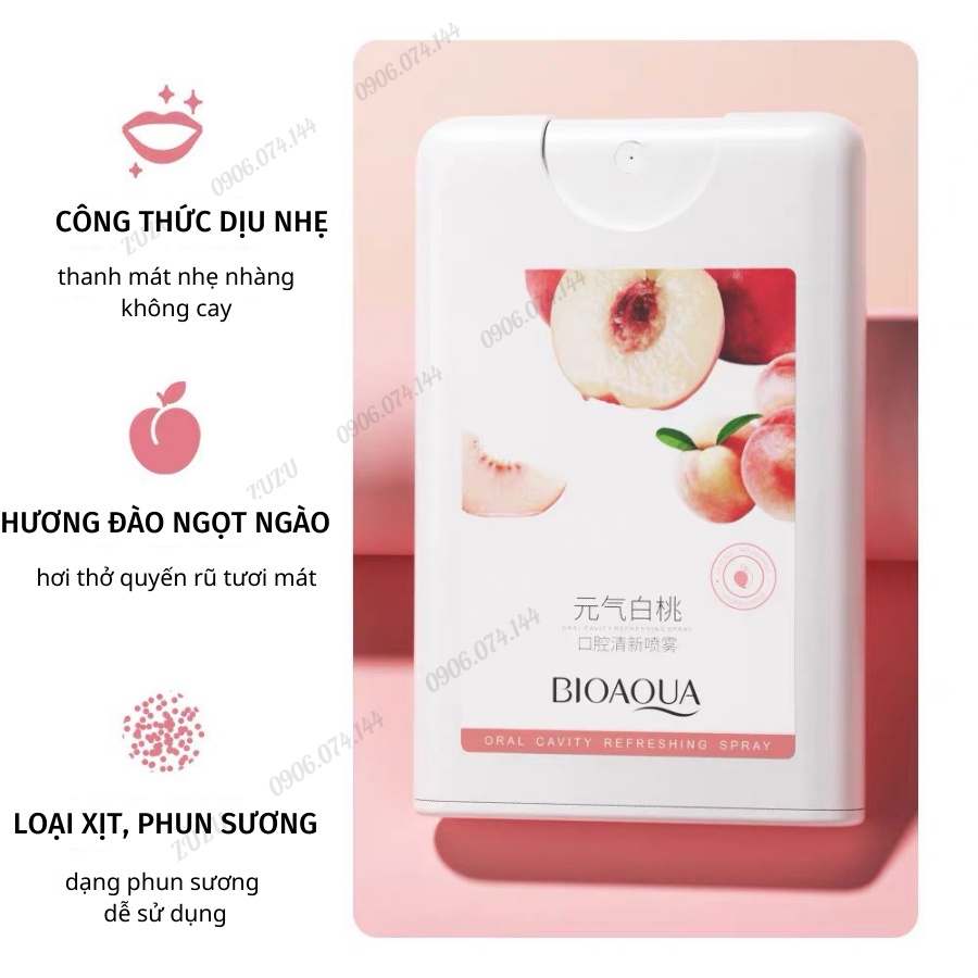 Xịt thơm miệng Đào, Bac Hà, Xịt thơm miệng sát khuẩn giữ lâu mùi thơm Zuzu cosmetic