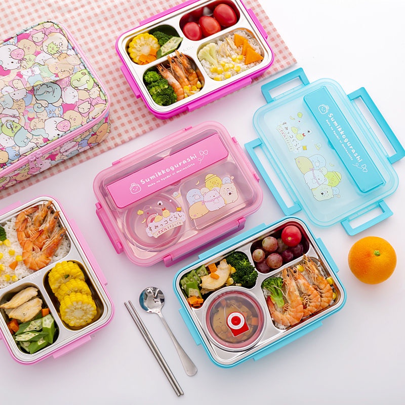 Hộp Cơm Trưa Cách Nhiệt Bằng Thép Không Gỉ 304 Chia Ngăn Họa Tiết Hoạt Hình Dễ Thương Cho Bé Gái Tiểu Học