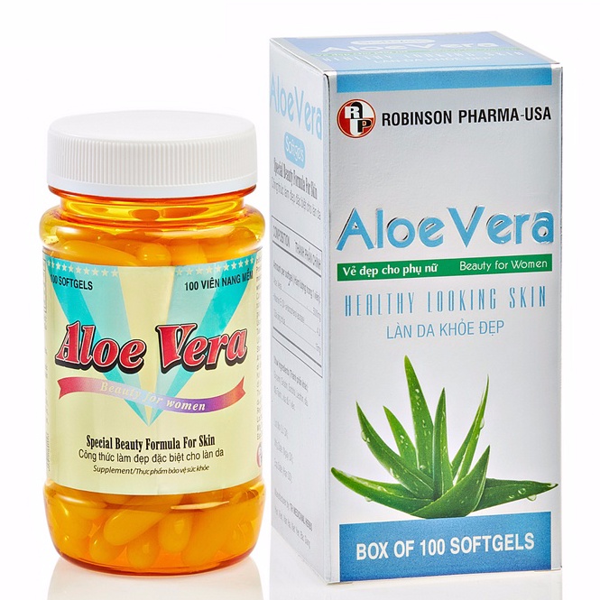 Aloe Vera Robinson Pharma USA, Hỗ trợ giúp giảm nếp nhăn cho da căng mịn, trắng sáng (100 viên)