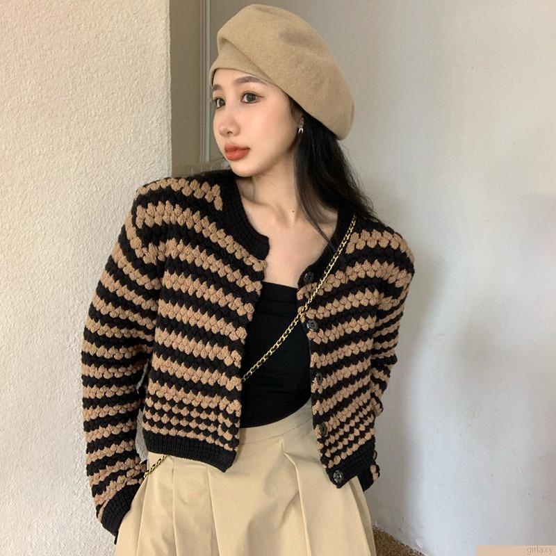 Áo khoác cardigan dệt kim cổ tròn dáng rộng họa tiết kẻ sọc phong cách Hàn Quốc cho nữ