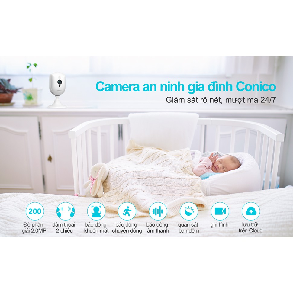 Camera ip wifi Conico 812E Full HD 1080P 2MP - Góc quan sát rộng 150 độ, Đàm thoại 2 chiều, Báo động đột nhập