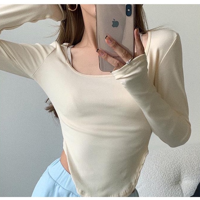 Áo Thun Tay Dài Cổ Chữ U Dáng Ôm Đơn Giản Hàn Quốc Mùa Thu 2022 Cho Nữ