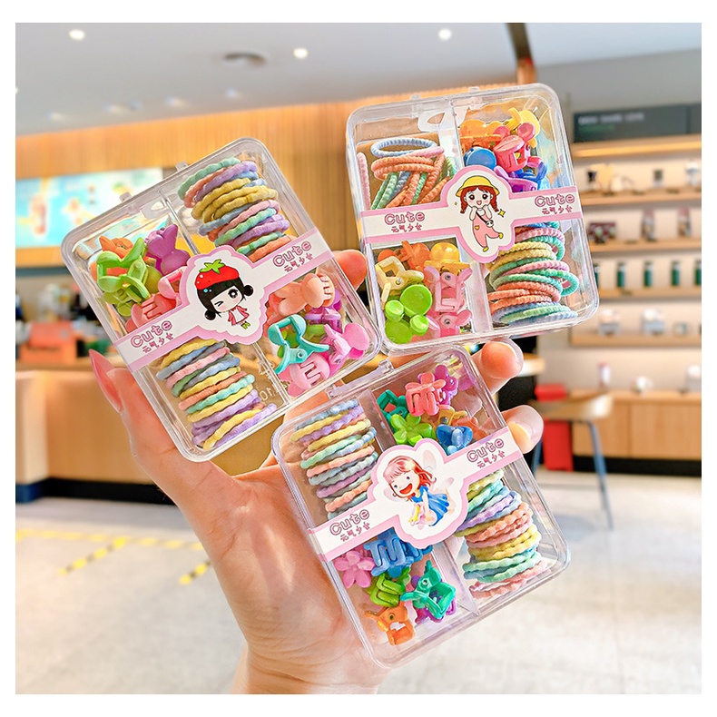 Set Dây Buộc Tóc Mix Kẹp Tóc Càng Cua Cho Bé(Hộp Vuông 4 Ngăn)