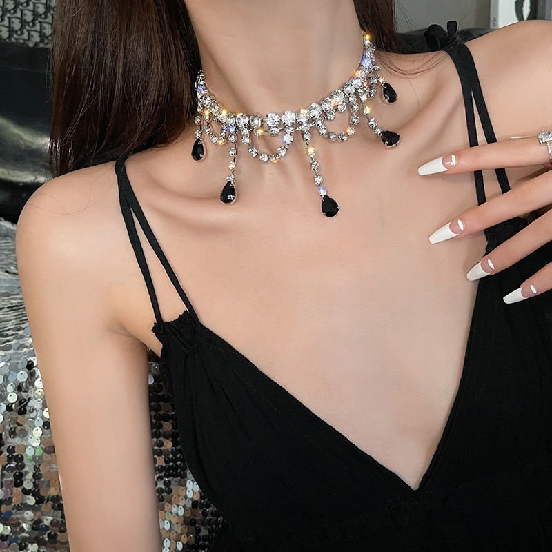 Toàn Bộ Vòng Cổ Tua Rua Giọt Nước Màu Đen Đính Kim Cương Lấp Lánh Sang Trọng Thời Trang Dự Tiệc Cao Cấp Cho Nữ