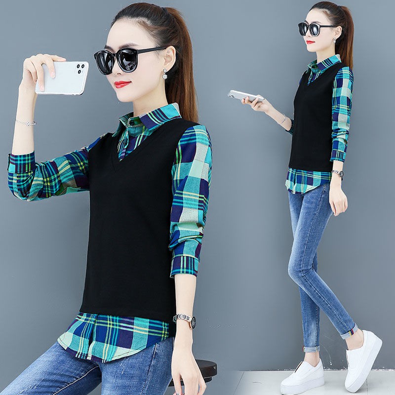Áo sơ mi tay dài giả hai lớp thời trang xuân thu cho nữ