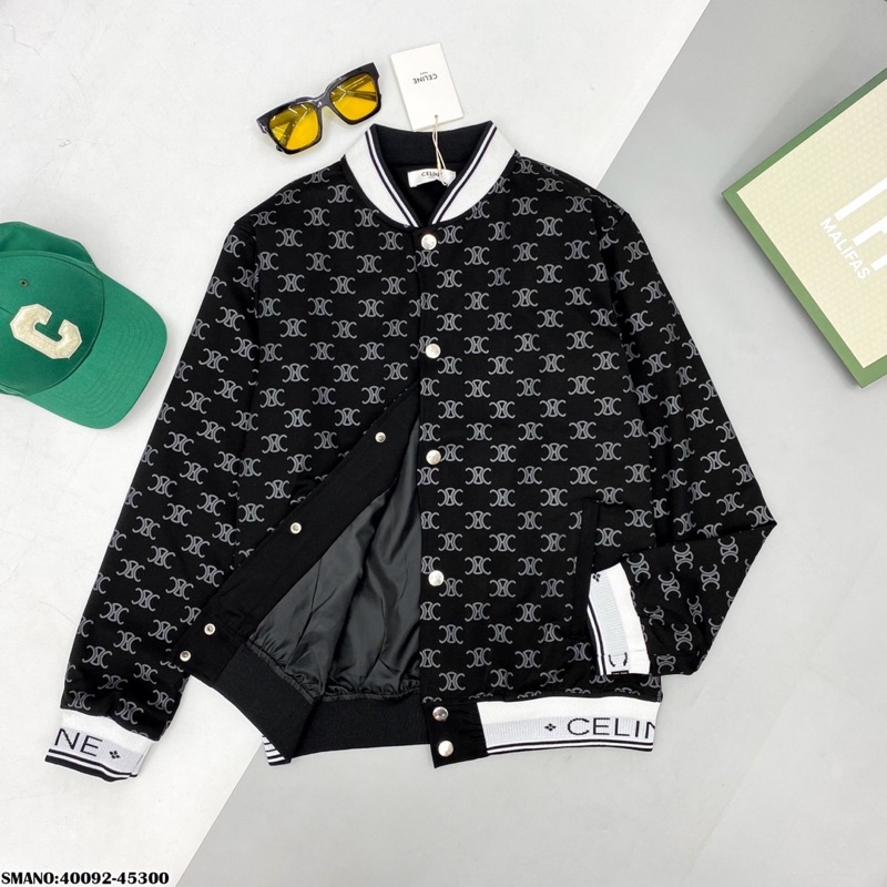 Áo khoác nam nữ unisex Bomber Jacket nỉ dập hoạ tiết chữ monogram quanh áo phối bo chun dệt chữ cực sang