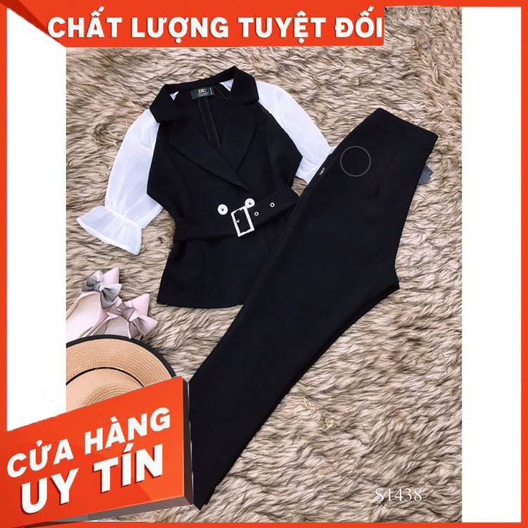 HÀNG CAO CẤP -  Sét công sở gồm áo đen tay ren + quần + đai (bell) S1438 - DVC (Video mẫu mặc shop tự quay)  - Hàng Cao 