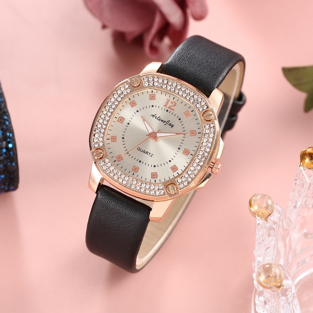 Đồng hồ quartz mặt vuông đính đá với dây đeo hợp thời trang