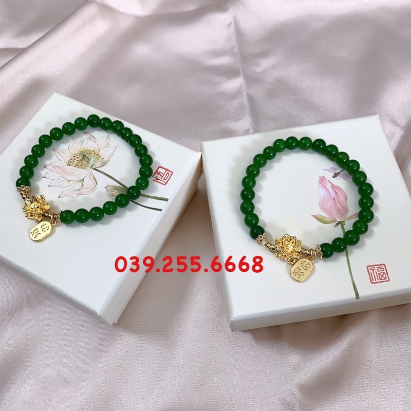Vòng Tay Ngoc Bich mix charm Hoa sen vàng full box