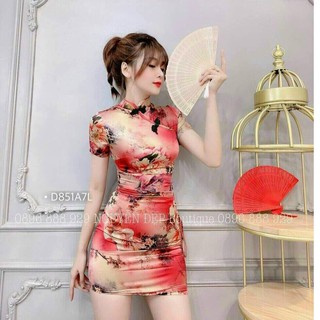 Đầm body cổ tàu hoạ tiết hoa xịn xò