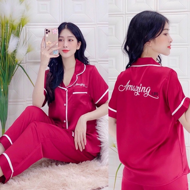 ĐỒ BỘ MẶC NHÀ TAY NGẮN QUẦN DÀI PIJAMA SATIN LỤA  THÊU LƯNG SIÊU ĐẸP