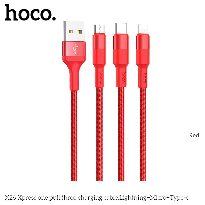 Dây cáp sạc Hoco 3 đầu bọc dù cao cấp dây cáp sạc điện thoại 3 trong 1 Lightning Micro TypeC tiện lợi Phặn Phặn