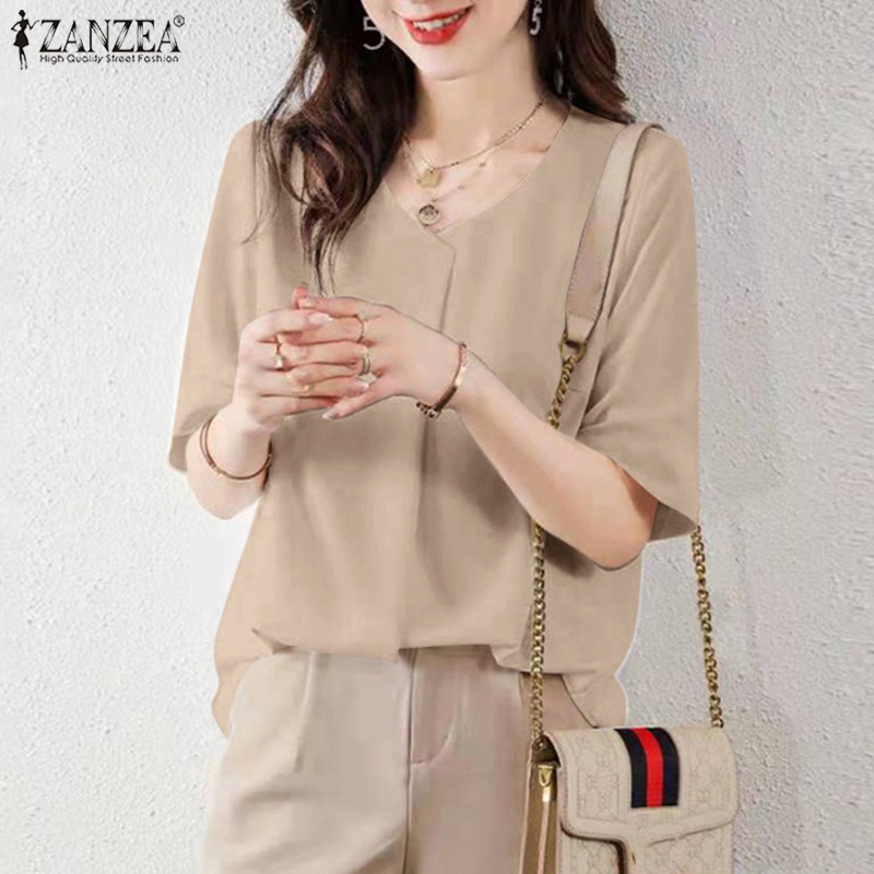 Áo ZANZEA tay lửng cổ chữ V màu trơn thời trang cho nữ