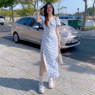 Đầm maxi hoa xanh xếp ngực xẻ tà 💋