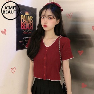Áo croptop tay ngắn xẻ cổ chữ V phong cách Hàn Quốc