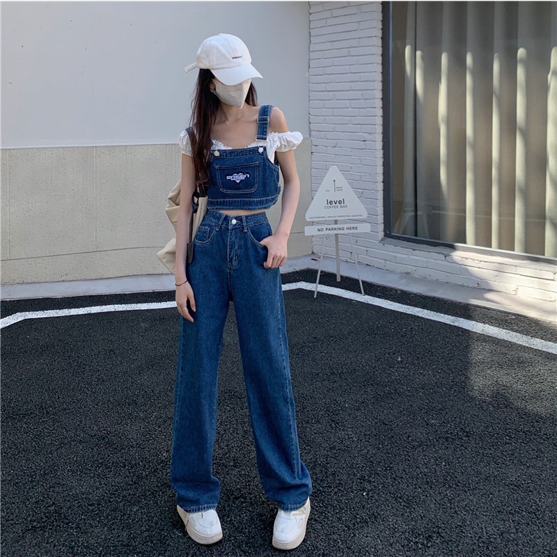 【JMWOMEN】Bộ Áo Hai Dây Dáng Ngắn + Quần Jeans Ống Rộng Lưng Cao Xẻ Tà Phong Cách Hàn Quốc Cho Nữ