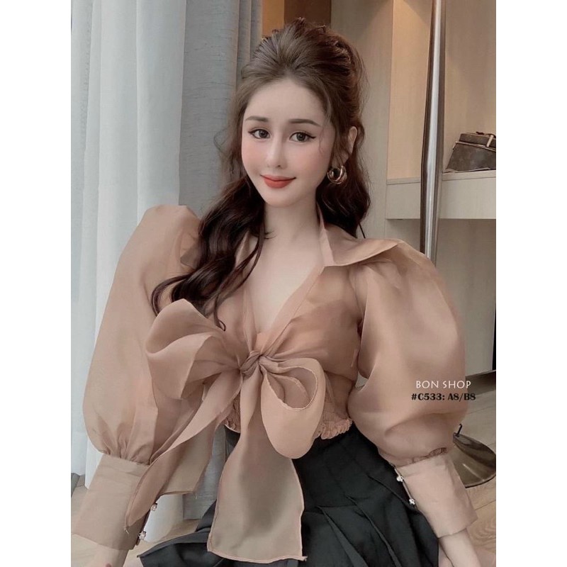 Áo tay phồng voan kiến cột nơ croptop, tăngj kèm áo lot trong - C6U