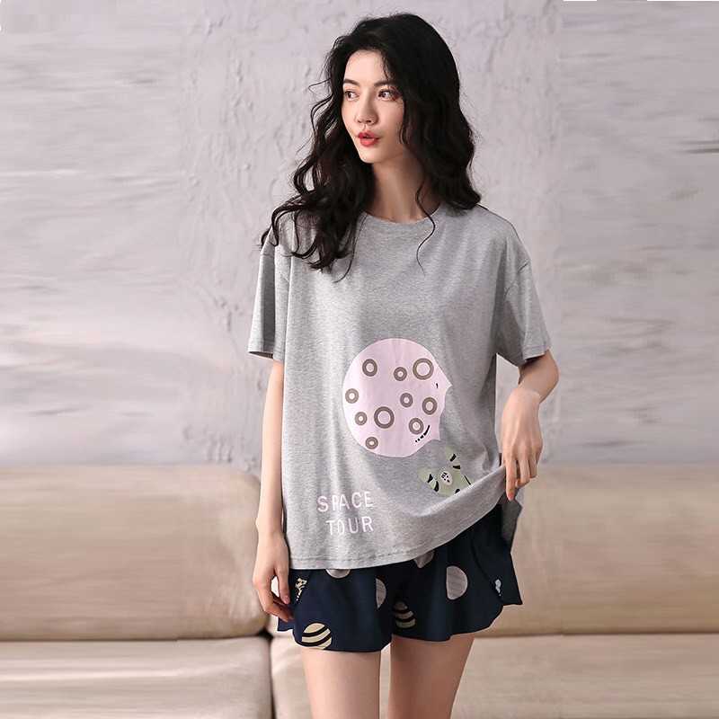 Bộ mặc nhà nữ thun cotton suông rộng áo ghi họa tiết space tour