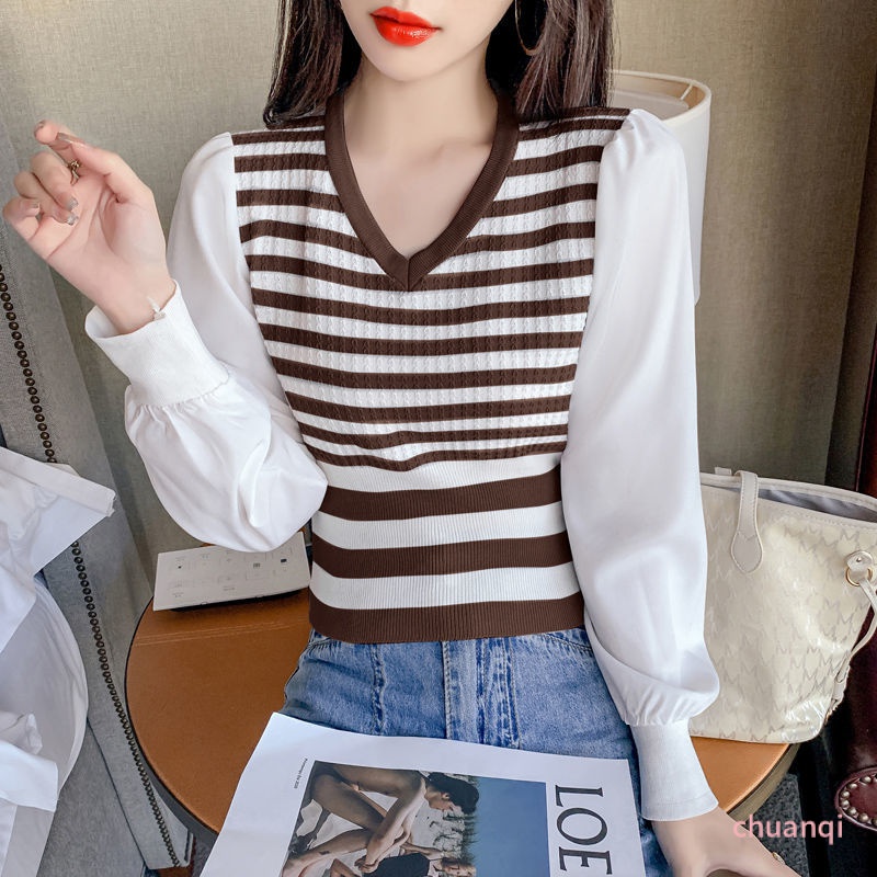 Áo Nữ Dài Tay Cổ Chữ V Họa Tiết Sọc Ngang Thời Trang Mới