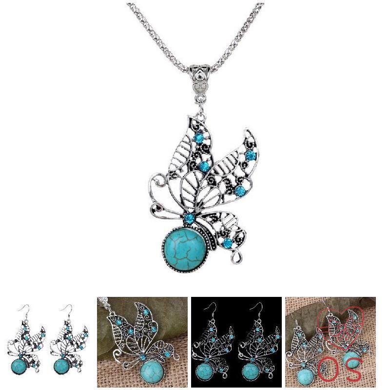 Bộ Vòng cổ + Bông Tai Thời Trang Đính Ngọc Lam Hình Bướm Bằng Hợp Kim Cho Nữ