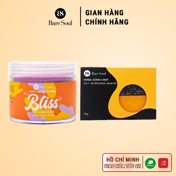 Combo Muối tẩy tế bào chết cho da đầu, cơ thể BareSoul BLISS Body &amp; Hair Scrub 300g + xà phòng Herbal Scrub &amp; Soap 100g