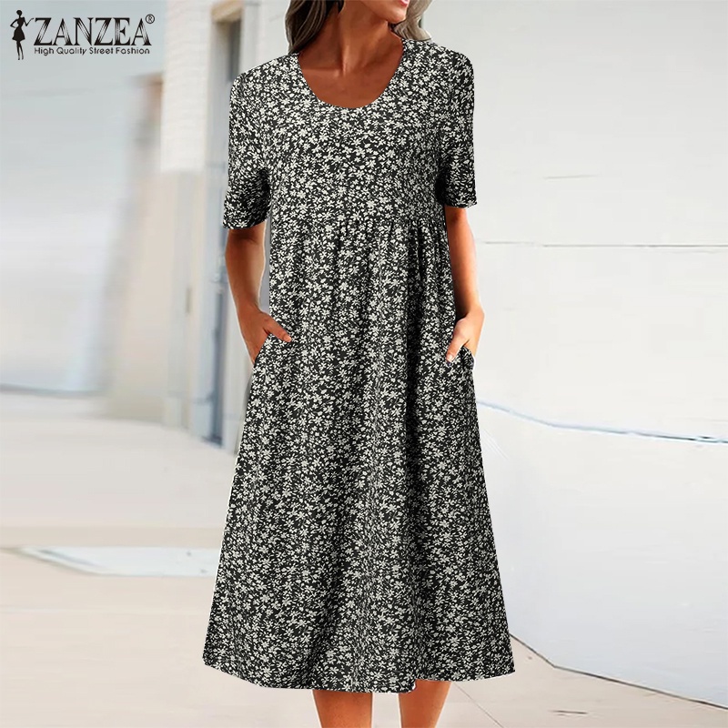 Đầm babydoll Zanzea họa tiết hoa có túi phong cách Châu Âu cho nữ