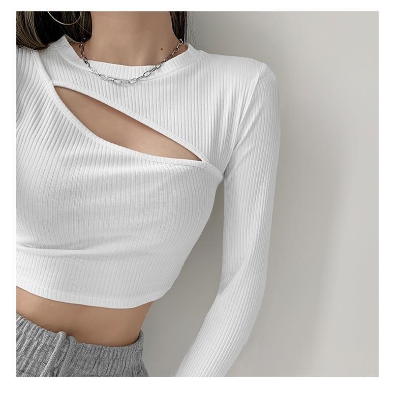 COZOK Áo Thun Dài Tay Vải Mỏng Khoét Ngực Gợi Cảm