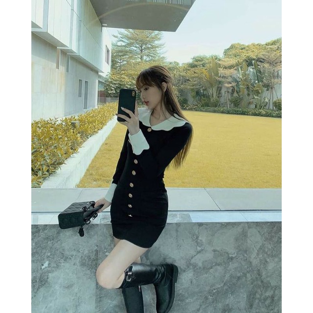 ✨💕Đầm body tay dài đính nút cổ thiết kế cách điệu💕