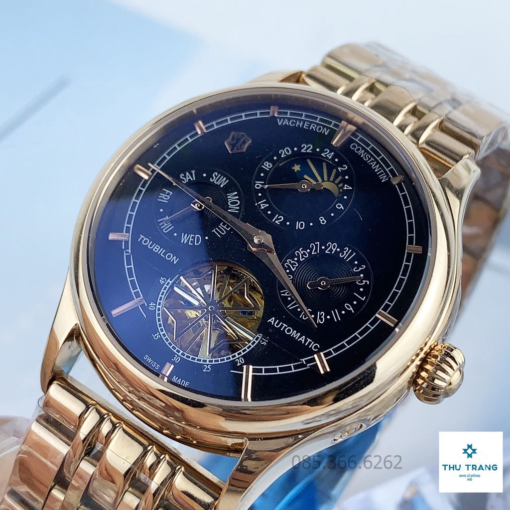 Đồng hồ Nam đồng hồ cơ máy nhật, mẫu 5 kim lộ cơ cánh khế mặt đen viền vàng size 40mm