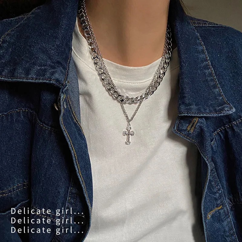 Dây chuyền hai lớp mặt hình chữ thập phong cách hip hop thời trang unisex