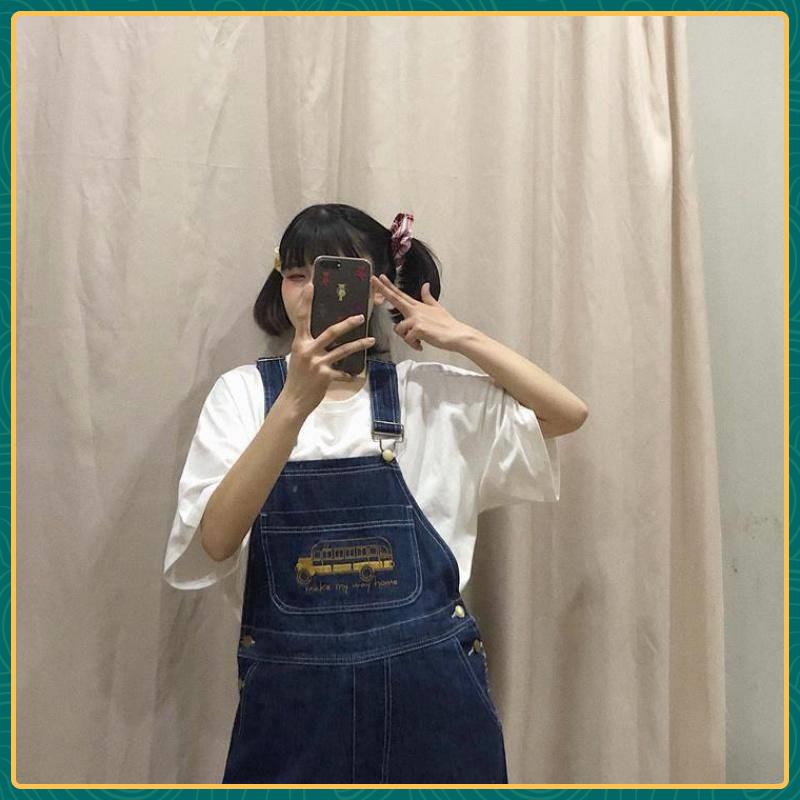 Jumpsuit Denim Ống Rộng Thêu Họa Tiết Dễ Thương Phong Cách Hàn Quốc Thời Trang Mùa Hè Cho Nữ
